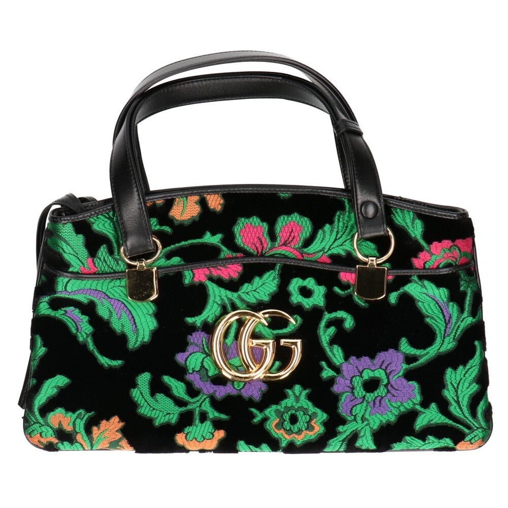 GUCCI 550130 Velour Embroidered Ally Handbag Black Gold Hardware Women's